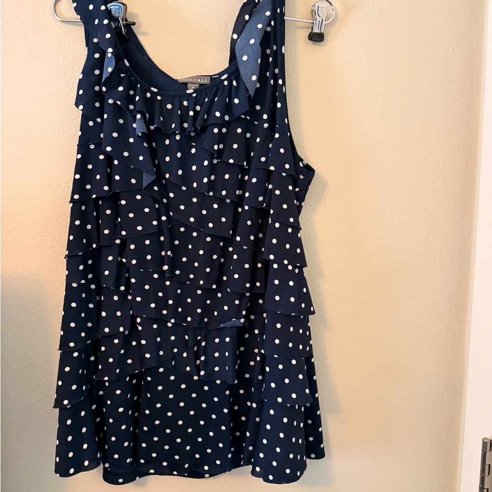 Roz & Ali Navy and White Polka Dot Ruffle Tank Dress